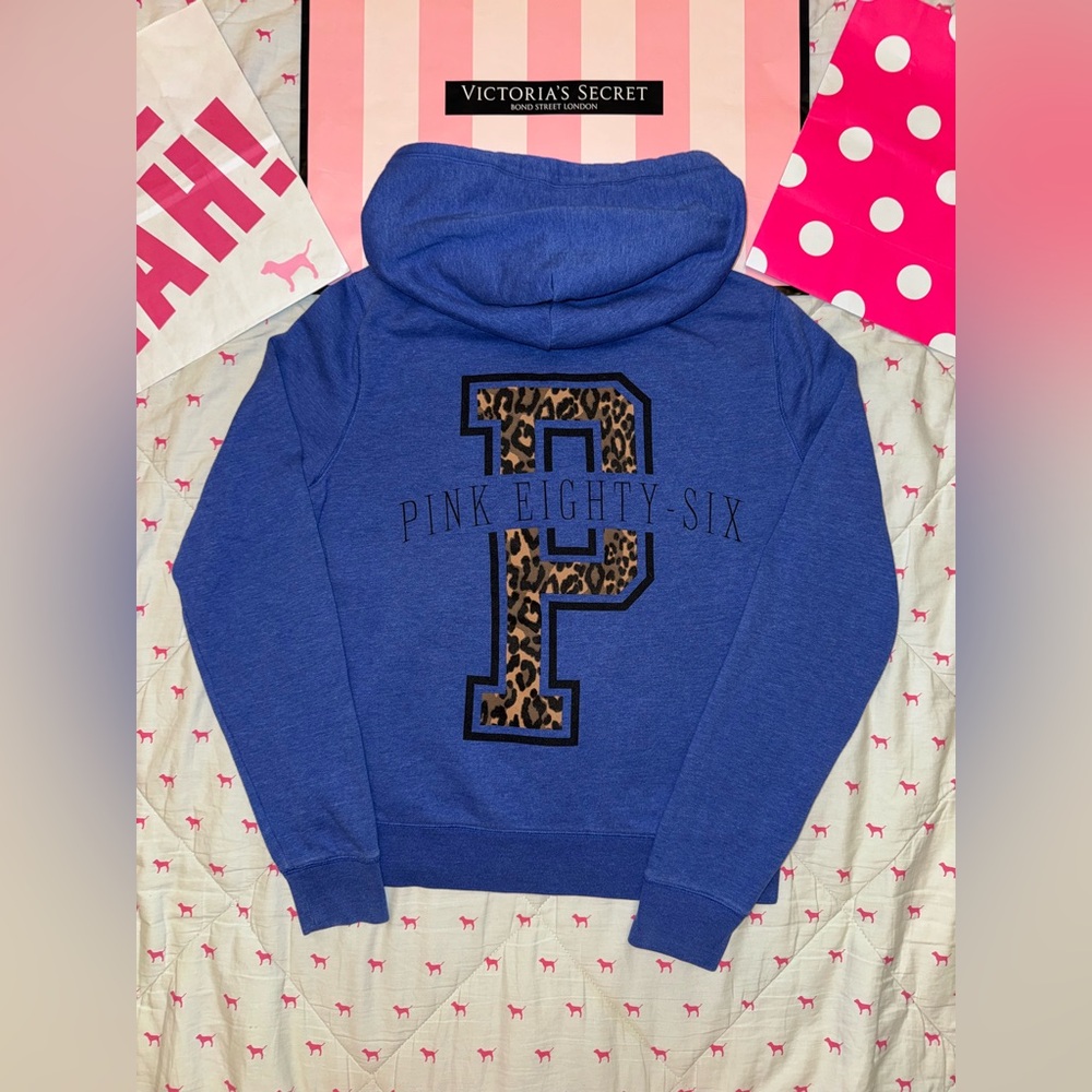 VS PINK VINTAGE FULL ZIP HOODIE SWEATSHIRT BLUE LEOPARD CHEETAH 86 LOGO RARE MED